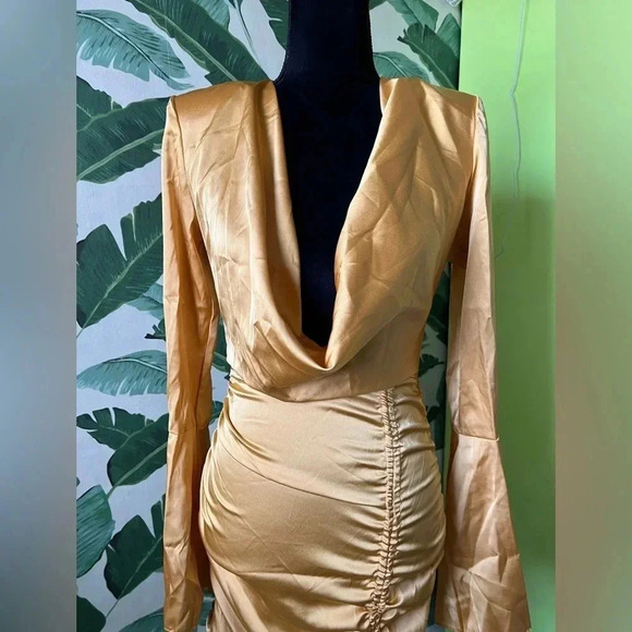 Pretty Little Thing Womens Yellow Ruched Plunge Cowl Neck Long Sleeve Dress 2 - Picture 5 of 14